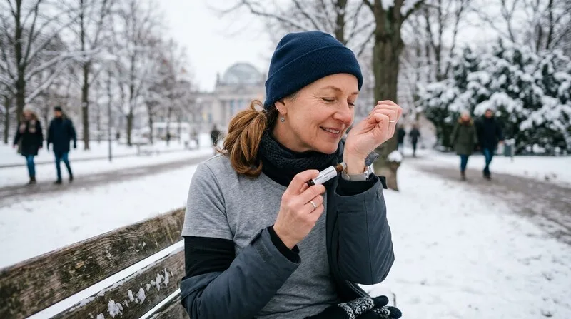 Frau nutzt Aromatherapie-Roller am Handgelenk — Lavendel inhalieren