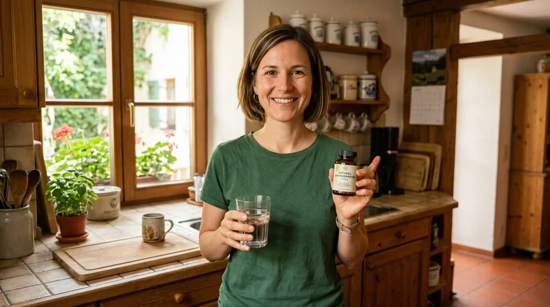 Frau hält Passionsblumen-Tinktur Flasche am Abend — Passionsblume Wirkung