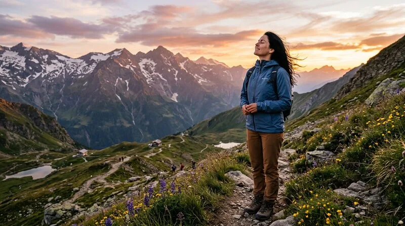 Frau atmet tief frische Bergluft ein im Freien — physiologisches Seufzen überall sofort anwendbar