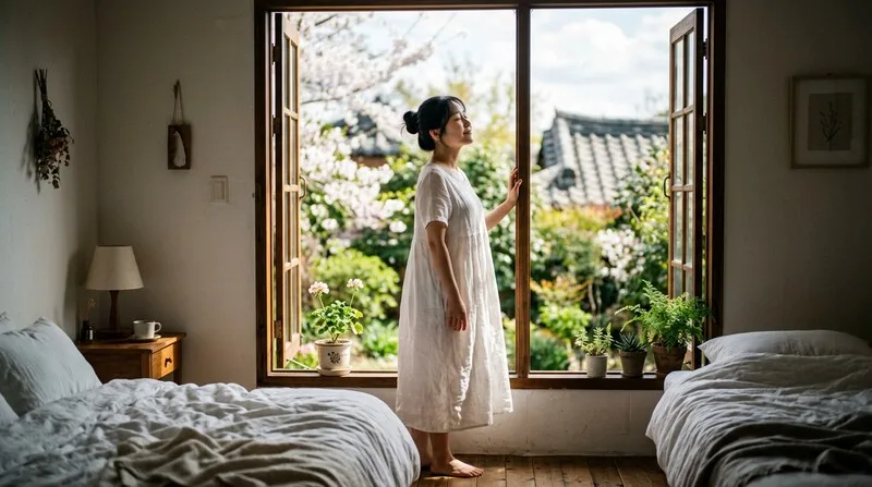 Person atmet tief durch offenes Fenster am Morgen