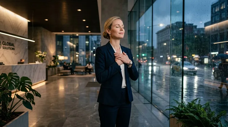 Person atmet tief mit Händen auf der Brust — kohärentes Atmen für HRV und Vagusnerv