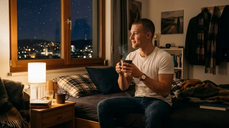 Mann trinkt Baldrian-Tee abends ruhig im Schlafzimmer — Baldrian Schlafmittel pflanzlich