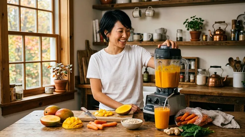 Frau bereitet gesunden Smoothie — Cortisol Ernährung