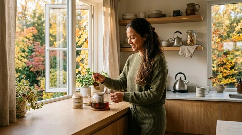 Mann trinkt grünen Tee am Schreibtisch in der Pause