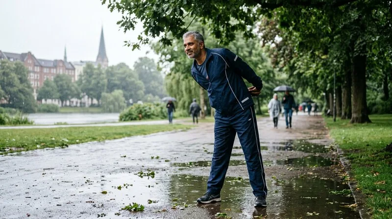 Mann dehnt sich nach dem Training im Park Hamburg — Sport gegen Stress und für besseren Schlaf