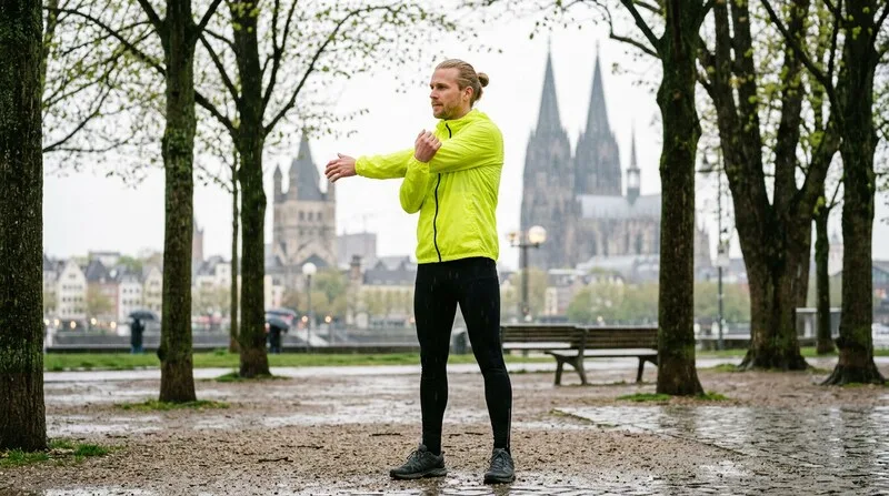 Frau joggt morgens im Park im Sonnenschein — Sport senkt Cortisol
