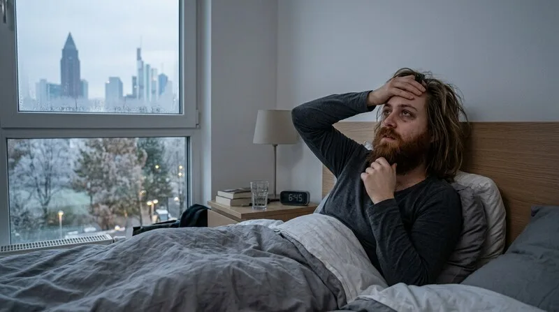 Frau dreht sich nachts wach im Bett und kann nicht einschlafen — Angst-Reaktion des Nervensystems