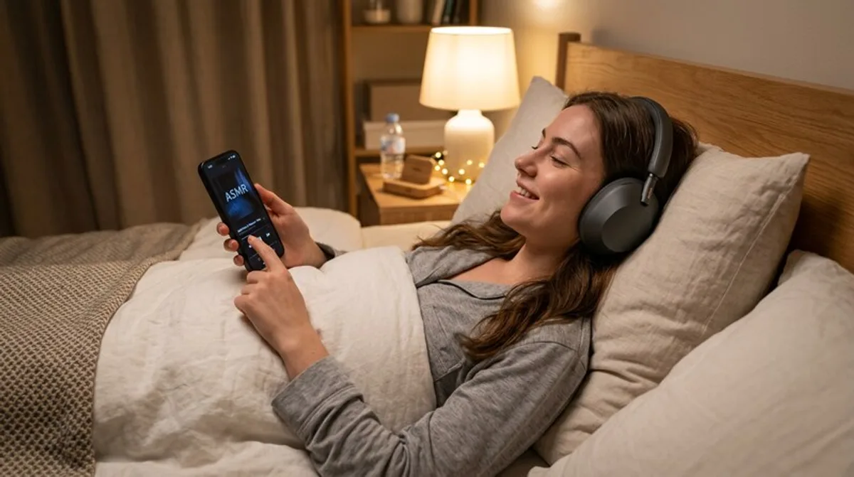 Frau mit Kopfhörern entspannt — Podcasts gegen Stress