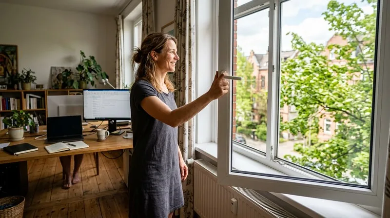 Frau atmet tief durch die Nase, Hand auf dem Bauch hebt sich — Bauchatmung Zwerchfelltechnik