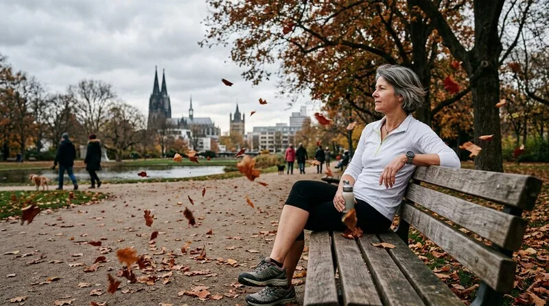 Frau schaut still auf den See im Kölner Stadtgarten im Herbst — Shinrin-Yoku und Naturtherapie