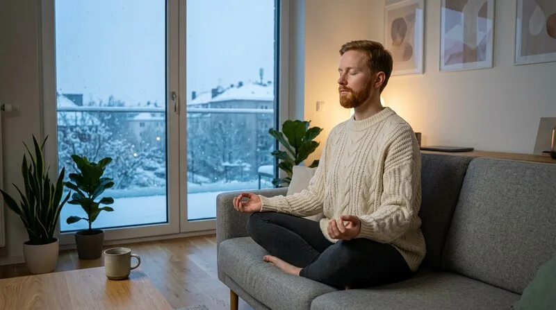 Frau sitzt nachts grübelnd im Bett mit Decke um die Schultern — Stresssymptome erkennen