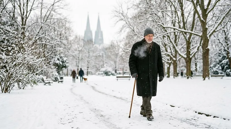Mann geht langsam und bewusst durch den Park in Köln — achtsames Spazierengehen