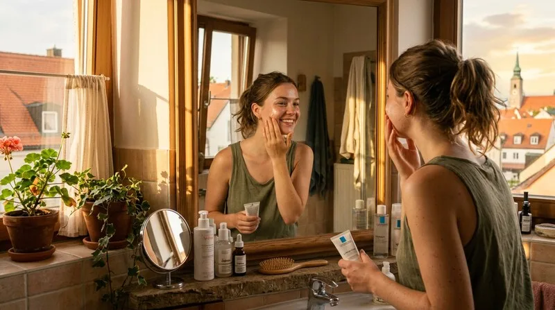 Frau Gesichtspflege morgens — Stress und Haut