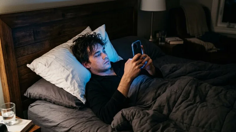 Mann hält das Handy im Bett mit blauem Licht — Displays stören den Schlaf auch durch geschlossene Lider