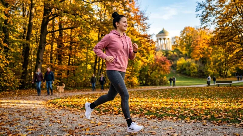 Frau joggt morgens durch den Park im Sonnenschein — Spaziergang baut Stress ab