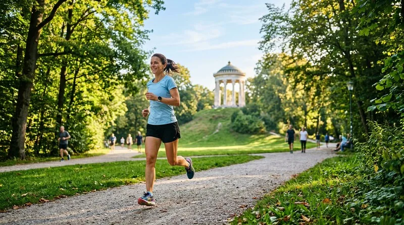 Frau joggt morgens durch den Park im Sonnenschein — Bewegung in der Stadt als Stressabbau