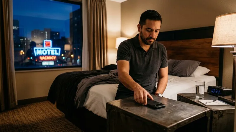 Mann legt das Handy bewusst weg am Abend — kein Blaulicht für besseren Tiefschlaf