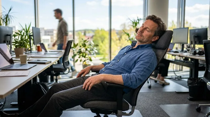 Mann lehnt erschöpft zurück — Antriebslosigkeit Ursachen