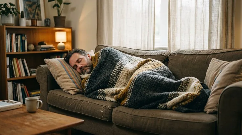 Mann liegt entspannt auf dem Sofa eingehüllt in eine Decke — tägliche AT-Praxis in ruhiger Umgebung