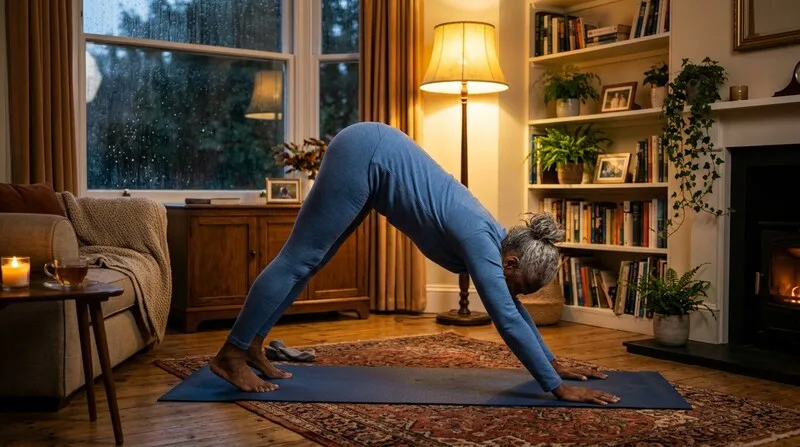 Frau macht Yoga-Dehnung im Wohnzimmer — Yin Yoga Asanas für Stressabbau