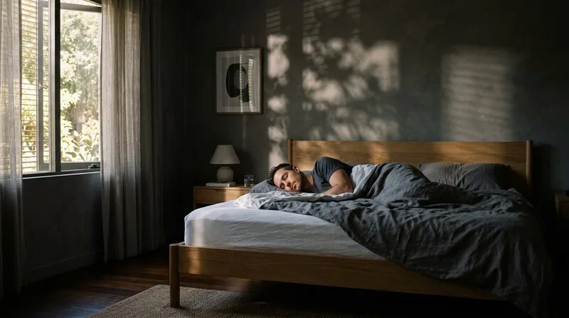 Mann liegt ruhig im dunklen Schlafzimmer — optimale Temperatur 17–19°C für tiefen Schlaf