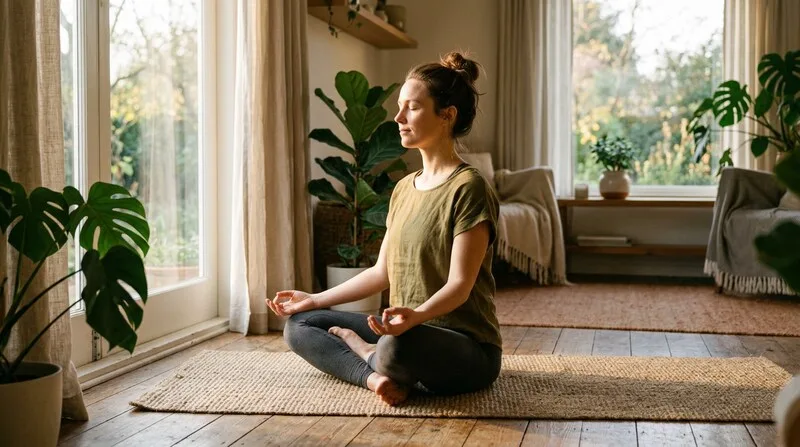 Frau meditiert auf der Yogamatte im Morgensonnenlicht — 5 Meditationstechniken im Überblick
