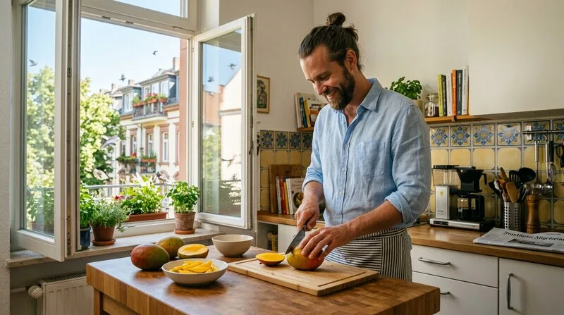 Mann schneidet magnesiumreiches Obst in der Küche