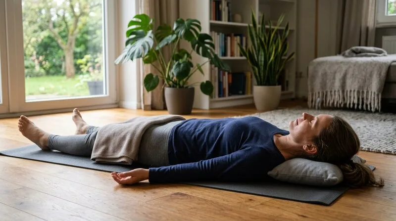 Frau macht Progressive Muskelentspannung auf dem Boden