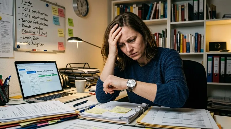 Frau schaut gestresst auf die Uhr — Atemtechniken helfen bei Zeitdruck sofort