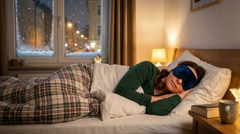 Frau schläft tief und ruhig mit Schlafmaske