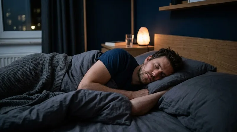 Mann schläft tief und ruhig im Bett — besser durchschlafen und Aufwachen reduzieren