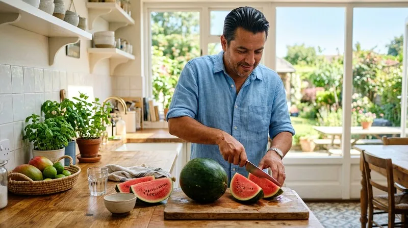 Mann schneidet magnesiumreiches Obst in der Küche