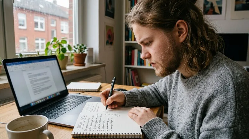 Frau schreibt in Notizbuch — Gedanken ordnen und Angst verarbeiten