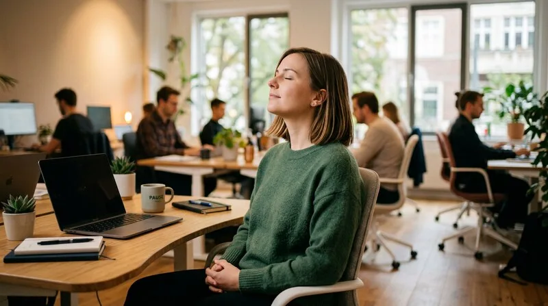 Frau streckt sich im Homeoffice-Stuhl in einer kurzen Pause — AT-Anwendung im Alltag