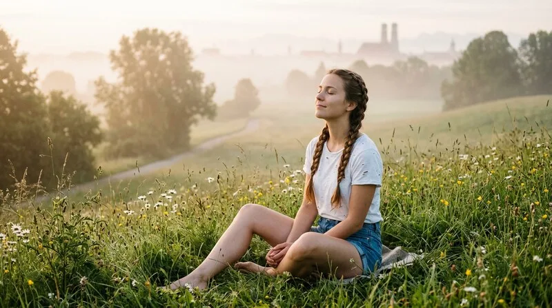 Frau sitzt entspannt auf einer Wiese mit geschlossenen Augen im Sonnenschein — Naturentspannung senkt Cortisol