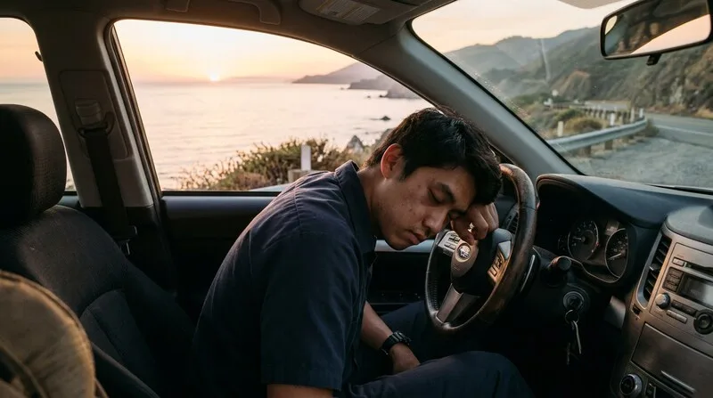 Person erschöpft im Auto — Burnout Krankschreibung