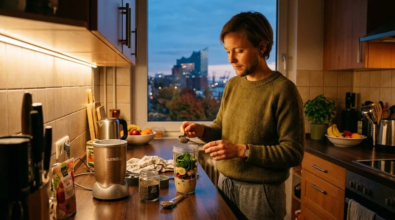 Mann schneidet Obst in der Küche bewusst und ruhig — Stressessen überwinden