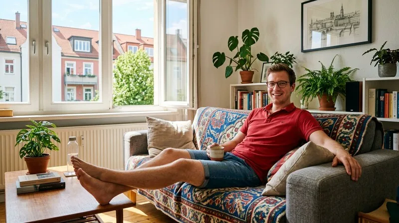 Mann liegt erschöpft auf dem Sofa mit Decke — Burnout vorbeugen mit Erholung und Strategien