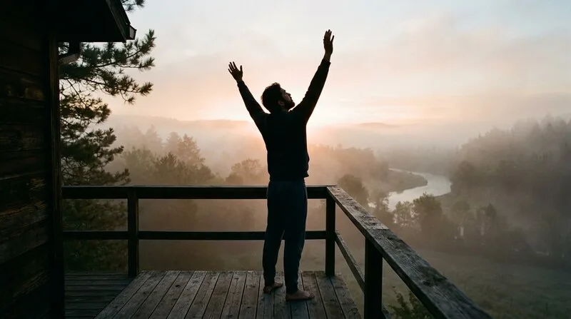 Mann streckt sich ausgiebig morgens im Bett — feste Aufwachzeit für stabilen Schlafrhythmus