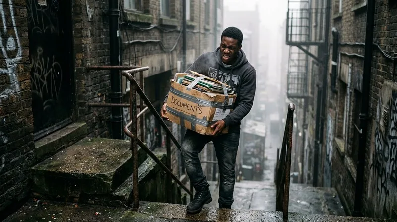 Mann trägt schwere Aktentasche erschöpft die Treppe hinauf — chronische Erschöpfung erkennen