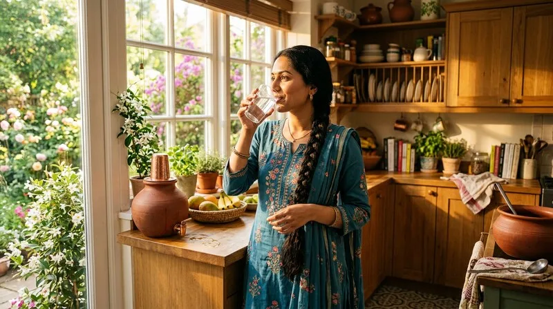 Frau trinkt Wasser frisch — Immunsystem stärken bei Stress