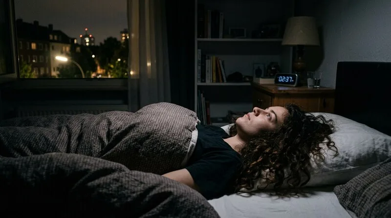 Frau grübelt nachts im Bett — Grübeln stoppen Methoden