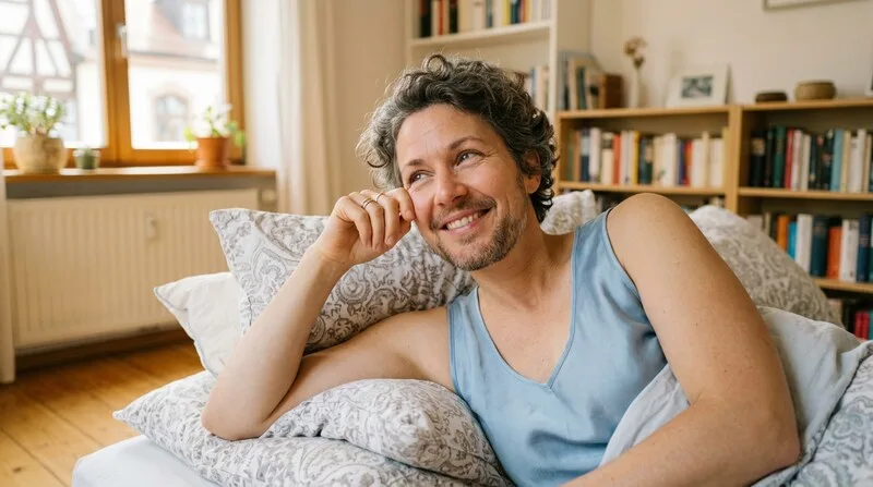 Frau öffnet Fenster und atmet tief ein — Atemübungen gegen Stress und für besseren Schlaf